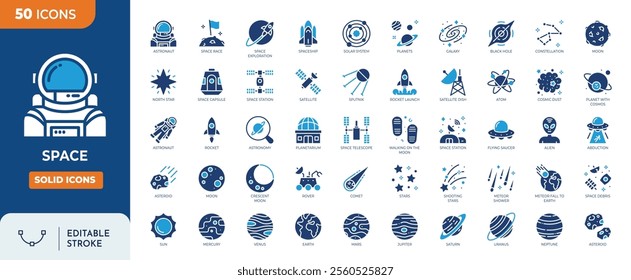 Space editable icon set. Containing satellite, universe, astronaut, rocket, comet, telescope and planet and more icons. Solid icon collection.