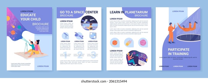 Space education for children flat vector brochure template. Flyer, booklet, printable leaflet design with flat illustrations. Magazine page, cartoon reports, infographic posters with text space