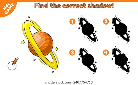 Space educational kids game. Find the correct shadow. Puzzle for preschool and school education. Page of activity book for children. Cartoon planet Saturn of the Solar system. Baby vector illustration