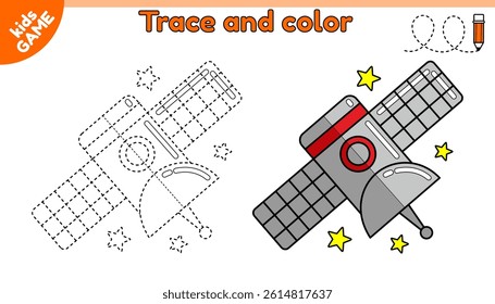 Space educational kids game. Trace and color. Connect dotted lines. Draw a cartoon satellite. Probe in cosmos. Handwriting practice worksheet. Writing page for education children. Vector illustration.