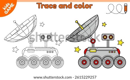 Space educational kids game. Trace and color. Connect dotted lines and draw a cartoon lunar rover. Handwriting practice worksheet. Writing page for education children. Baby activities book. Vector.
