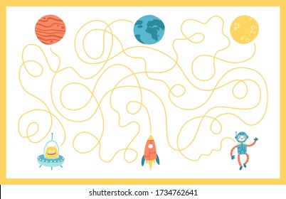 Space Educational Maze Puzzle Games, suitable for games, book print, apps, education. Help get back to your planet. Funny vector simple cartoon illustration on a white background.