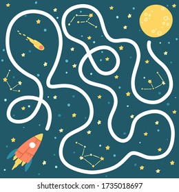 Space Educational Maze Puzzle Games, suitable for book print, apps, education. Rocket to the moon. Funny vector simple cartoon illustration on a dark background.