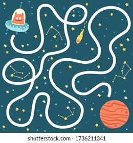 Space Educational Maze Puzzle Games, suitable for book print, apps, education. Help the alien return home. Funny vector simple cartoon illustration on a dark background.