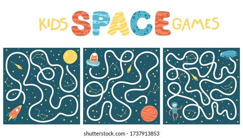 Space Educational Maze Puzzle set Games, suitable for games, book print, apps, education. Funny vector simple cartoon illustration on a dark background.