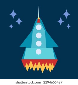 Space element cartoon rocket on dark blue background with stars. Vector illustration.