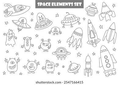 Space element set. Hand drawn illustrations isolated on white background. Vector illustration