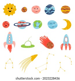 Space elements in cartoon flat childish style. Vector illustration of planets, rocket, meteorite, constellation on white background for baby apparel, textile and product design, wallpaper, wrapping