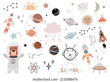 Kollektion von Weltraumelementen für Kinder, Kindergartenzimmer, Planeten, Mond, Konstellation, Rakete, Doodle-Stil einzeln auf Weiß