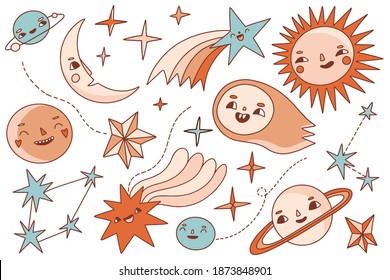Sammlung von Weltraumelementen. Frische, bunte Doodles. Cartoon-Planeten, Sterne, Sonne, Mond, Komet mit Gesichtern. Schöne Universum-Charaktere für Kinder. Cute kosmische Illustration für Aufkleber, Drucke. Vektorset