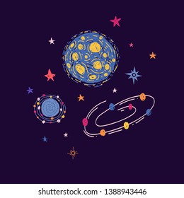 Space elements in cute doodle style. Hand-drawn cosmic planets, stars and universe elements for children's print. Cartoon illustration galaxy for concept design t-shirt. Vector.