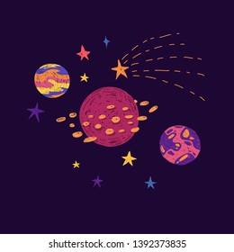 Space elements in cute doodle style. Hand-drawn cosmic planets, stars and universe elements for children's print. Cartoon illustration galaxy for concept design t-shirt. Vector.