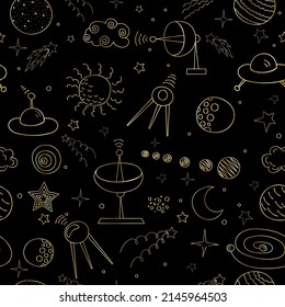 space elements in doodle sketch style, seamless pattern