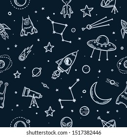 Space elements hand drawn seamless pattern. Space theme cartoon doodle illustration. Hand drawn pattern with planets, rockets, stars, UFO, sun. Explore space adventure slogans. Vector illustration.