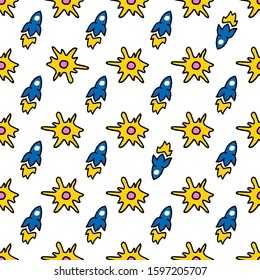 Space elements hand drawn seamless pattern. doodle style Space theme cartoon doodle illustration. Hand drawn pattern with blue rockets and yellow sun. Vector illustration.
