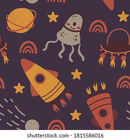 Space elements hand drawn seamless background. Hand drawn pattern with planets, rockets, stars, sun. Flat style space childrens background. Vector illustration