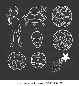 space elements or icons using hand drawing style on chalkboard background