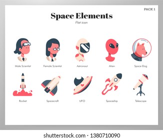 Space elements illustrations in flat color design