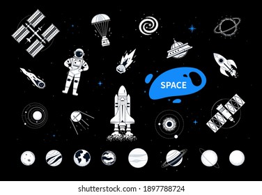 Space elements - modern flat design style objects on black background. Galaxy and astronomy idea. A collection of planets of solar system, astronaut, ufo, capsule, satellite, rocket, station