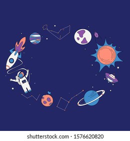 Space elements on a blue background, collected in a circle.