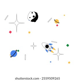Space Elements With Rocket In Flat Vector Illustration Symbolizing Exploration, Innovation, And Discovery, Isolated On White Background