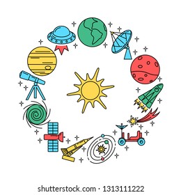 Space elements round concept banner in thin line style