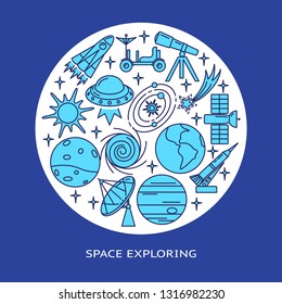Space elements round concept banner in line style with place for text
