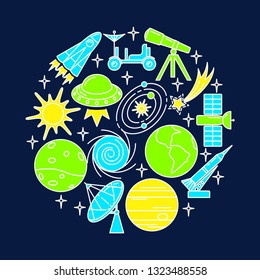 Space elements round concept banner in line style