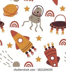 Space elements seamless on white background. Hand drawn pattern with planets, rockets, stars, sun. Flat style space childrens background. Vector illustration