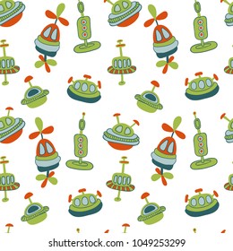 Space elements seamless pattern. Space background. Space doodle illustration. Vector illustration. Children seamless pattern with cartoon space rockets, planets, stars