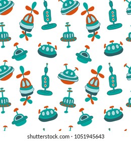 Space elements seamless pattern. Space background. Space doodle illustration. Vector illustration. Children seamless pattern with cartoon space rockets, planets, stars