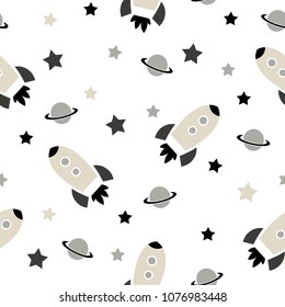Space elements seamless pattern. Space background. Space doodle illustration. Vector illustration. Children Seamless pattern with cartoon space rockets, planets, stars