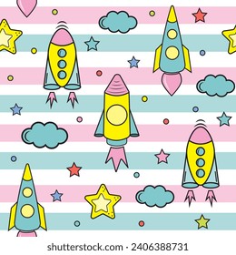 Space elements seamless pattern. Space background. Space doodle illustration. Vector illustration. Seamless pattern with cartoon space rockets, planets and stars.