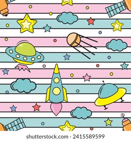 Space elements seamless pattern. Space background. Space doodle illustration. Vector illustration. Seamless pattern with cartoon space rockets, planets and stars.