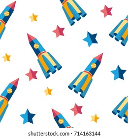 Space elements seamless pattern. Space background. Space doodle illustration. Vector illustration. Children seamless pattern with cartoon space rockets, planets, stars