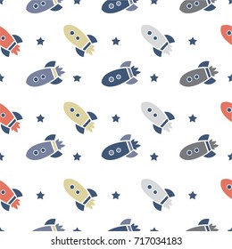 Space elements seamless pattern. Space background. Space doodle illustration. Vector illustration. Children seamless pattern with cartoon space rockets, planets, stars