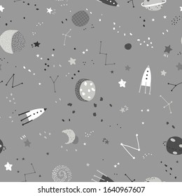 Space elements seamless pattern. Cosmos doodle illustration. Seamless pattern with cartoon space rockets, planets and stars. Space background.