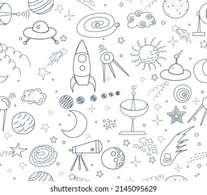 space elements seamless pattern in doodle style sketch