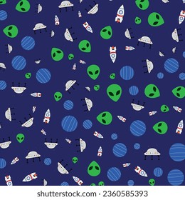 Space elements seamless pattern. Space doodle illustration. Vector illustration. Seamless pattern with cartoon space rocket, planet, alien, ufo. Pattern for web page, textile,  wallpaper,banner,poster