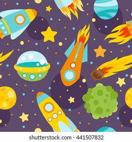 space elements seamless pattern. Planets, moon, UFO, rocket, comet and stars