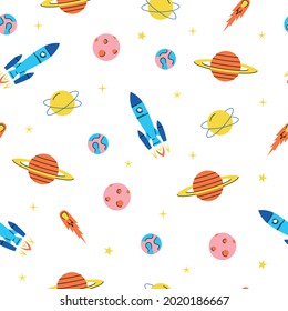 Space elements seamless pattern with rockets, planets, stars and comet. Cosmos background.  Vector trendy illustration on white background