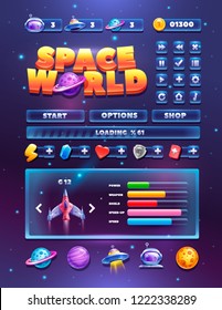 Space elements set for 2d games. Planets and spacecraft. Complete menu of graphical user interface GUI to build 2D games.