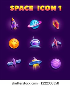 Space elements set for 2d games. Planets and spacecraft.Vector cosmic assets for game design.