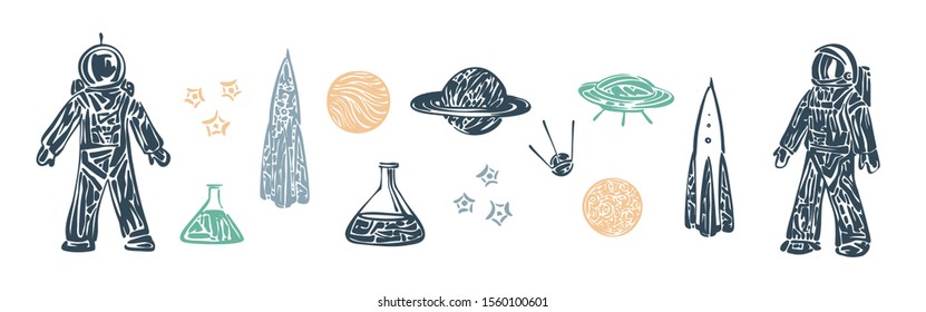 Space elements set with astronaut, planet, spaceship and cosmic satellite. Vector hand drawn illustration, color silhouette isolated on white background.