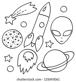 Space elements set in black and white: spaceship, alien, stars, planets, vector
