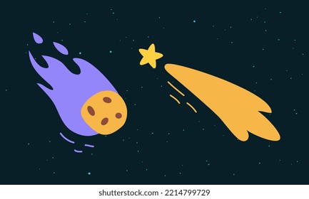 Space elements set. Falling star and meteor cartoon vector illustration