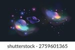 Space elements set with planet Saturn and colorful nebula isolated on dark background