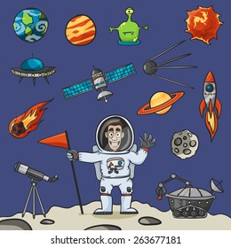 Space elements set with rocket ufo satellite and astronaut vector illustration