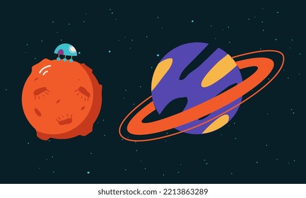 Space elements set. Solar system planets and rover cartoon vector illustration