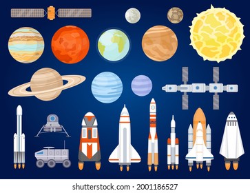 Space elements. Solar system planets, sun, spaceship, rocket, satellites, mars and moon rover. Universe exploring. Cartoon cosmic vector set. Illustration rocket and satellite, spaceship and planets